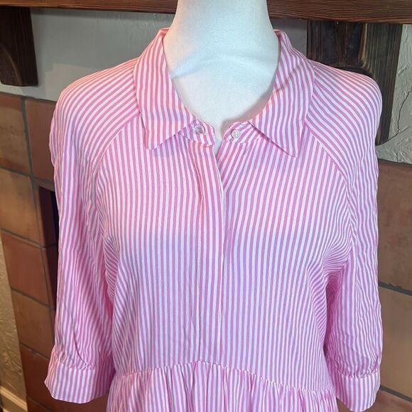 A Loves A Pinstripe Pink and White Striped Tiered Midi Shirt Dress, size L - Picture 2 of 10